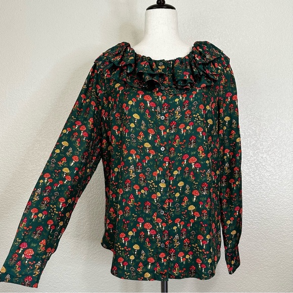 J. Crew Collection 100% Silk-Twill Ruffle Collar Mushroom Floral Top, Sz Medium - Picture 2 of 13